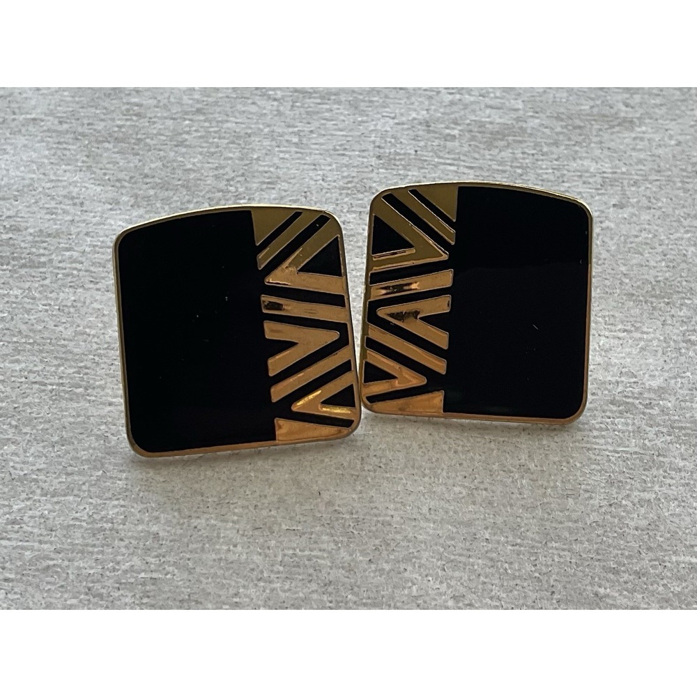 vintage Laurel Burch "Naito" geometric black and gold enamel post earrings